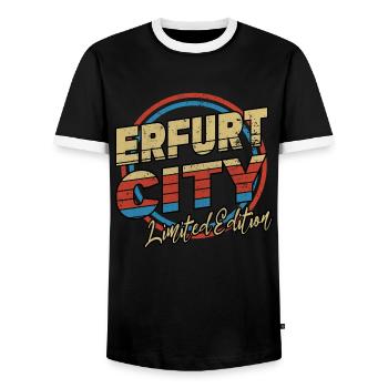 Erfurt Germany City Font 80s Style - Men's Ringer Shirt - black/white - Front - AI Model Female 172 light (172cm) & AI Model Male 178 light (178cm)