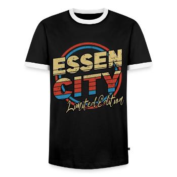 Essen Germany City Font 80s Style - Men's Ringer Shirt - black/white - Front - AI Model Female 172 light (172cm) & AI Model Male 178 light (178cm)