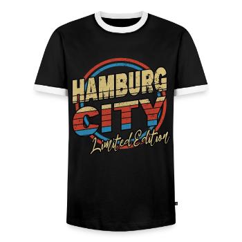 Hamburg Germany City Font 80s Style - Men's Ringer Shirt - black/white - Front - AI Model Female 172 light (172cm) & AI Model Male 178 light (178cm)