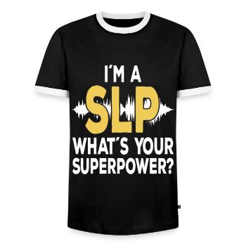 SLP Speechie Speech Language Pathologist - Men's Ringer Shirt - black/white - Front - AI Model Female 172 light (172cm) & AI Model Male 178 light (178cm)