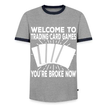 Trading Card Game - Men's Ringer Shirt - grey/navy  - Front - AI Model Female 172 light (172cm) & AI Model Male 178 light (178cm)
