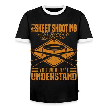 Skeets Schießen | Wurfscheibenschießen Geschenke - Männer Kontrast-T-Shirt - Schwarz/Weiß - Vorne - AI Model Female 172 light (172cm) & AI Model Male 178 light (178cm)