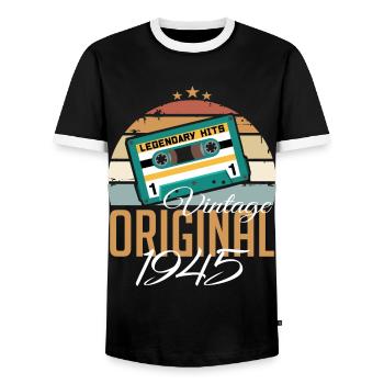 Vintage 1945 Born Original 1945 Birthday - Men's Ringer Shirt - black/white - Front - AI Model Female 172 light (172cm) & AI Model Male 178 light (178cm)
