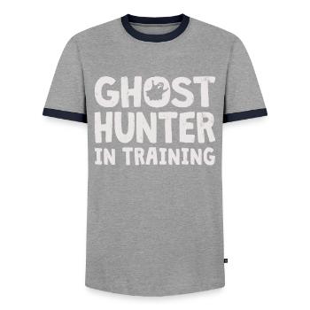 Ghost Hunter Paranormal Investigator Spirit Hunt - Men's Ringer Shirt - grey/navy  - Front - AI Model Female 172 light (172cm) & AI Model Male 178 light (178cm)