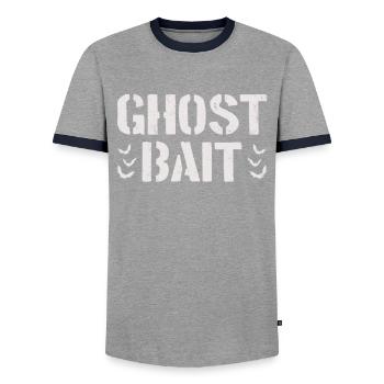 Ghost Bait Paranormal Investigator Spirit Hunt - Men's Ringer Shirt - grey/navy  - Front - AI Model Female 172 light (172cm) & AI Model Male 178 light (178cm)