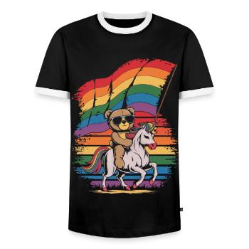 Teddy Bear Rides Unicorn LGBTQ Rainbow Flag - Men's Ringer Shirt - black/white - Front - AI Model Female 172 light (172cm) & AI Model Male 178 light (178cm)