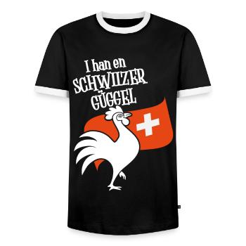 Krähender Hahn vor Schweizer Flagge für den Bauer! - Männer Kontrast-T-Shirt - Schwarz/Weiß - Vorne - AI Model Female 172 light (172cm) & AI Model Male 178 light (178cm)