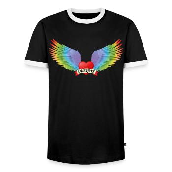 One Love Heart with Rainbow Angel Wings - Men's Ringer Shirt - black/white - Front - AI Model Female 172 light (172cm) & AI Model Male 178 light (178cm)