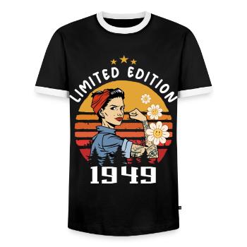 Retro Birth Year 1949 Vintage Birthday 1949 - Men's Ringer Shirt - black/white - Front - AI Model Female 172 light (172cm) & AI Model Male 178 light (178cm)
