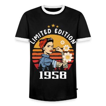 Retro Birth Year 1958 Vintage Birthday 1958 - Men's Ringer Shirt - black/white - Front - AI Model Female 172 light (172cm) & AI Model Male 178 light (178cm)