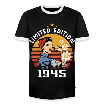 Retro Birth Year 1945 Vintage Birthday 1945 - Men's Ringer Shirt - black/white - Front - AI Model Female 172 light (172cm) & AI Model Male 178 light (178cm)
