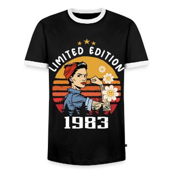 Retro Birth Year 1983 Vintage Birthday 1983 - Men's Ringer Shirt - black/white - Front - AI Model Female 172 light (172cm) & AI Model Male 178 light (178cm)