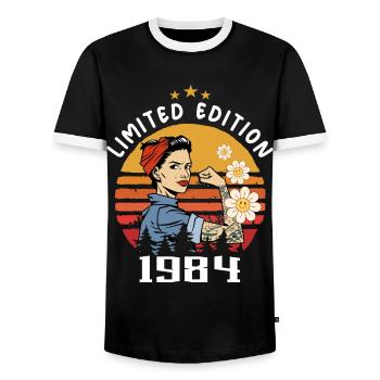 Retro Birth Year 1984 Vintage Birthday 1984 - Men's Ringer Shirt - black/white - Front - AI Model Female 172 light (172cm) & AI Model Male 178 light (178cm)