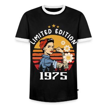 Retro Birth Year 1975 Vintage Birthday 1975 - Men's Ringer Shirt - black/white - Front - AI Model Female 172 light (172cm) & AI Model Male 178 light (178cm)