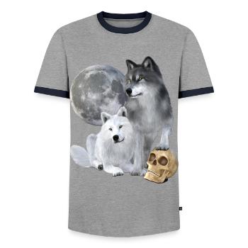 Loups, blancs, gris, lune, crâne - T-shirt contrasté Homme - gris/marine  - Devant - AI Model Female 172 light (172cm) & AI Model Male 178 light (178cm)