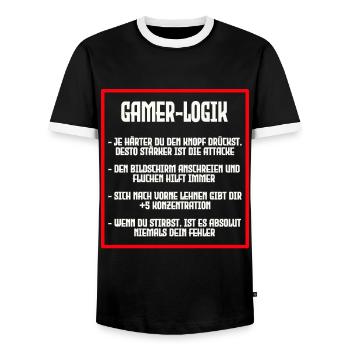 GAMER LOGIC - Men's Ringer Shirt - black/white - Front - AI Model Female 172 light (172cm) & AI Model Male 178 light (178cm)