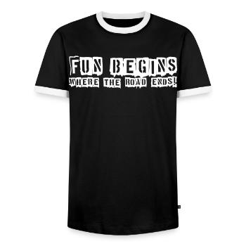 FUN BEGINS - Where the Road Ends! - Männer Kontrast-T-Shirt - Schwarz/Weiß - Vorne - AI Model Female 172 light (172cm) & AI Model Male 178 light (178cm)