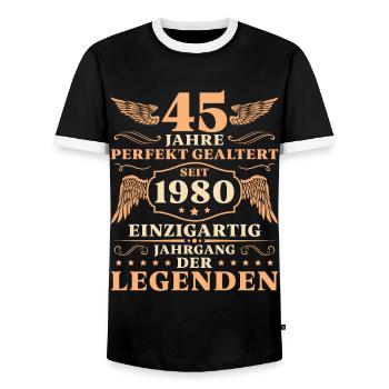 45 Geburtstag Perfekt Gealtert Jahrgang 1980 - Männer Kontrast-T-Shirt - Schwarz/Weiß - Vorne - AI Model Female 172 light (172cm) & AI Model Male 178 light (178cm)