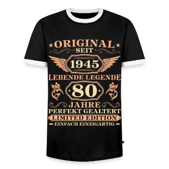 80 Geburtstag Geboren Jahrgang 1945 - Männer Kontrast-T-Shirt - Schwarz/Weiß - Vorne - AI Model Female 172 light (172cm) & AI Model Male 178 light (178cm)