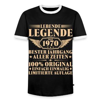 55. Geburtstag Lebende Legende seit 1970 - Männer Kontrast-T-Shirt - Schwarz/Weiß - Vorne - AI Model Female 172 light (172cm) & AI Model Male 178 light (178cm)