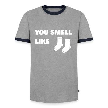 You Smell Like Socks - Men's Ringer Shirt - grey/navy  - Front - AI Model Female 172 light (172cm) & AI Model Male 178 light (178cm)