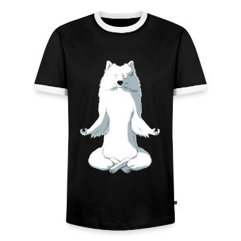 Meditating Japanese Spitz Dog - Men's Ringer Shirt - black/white - Front - AI Model Female 172 light (172cm) & AI Model Male 178 light (178cm)