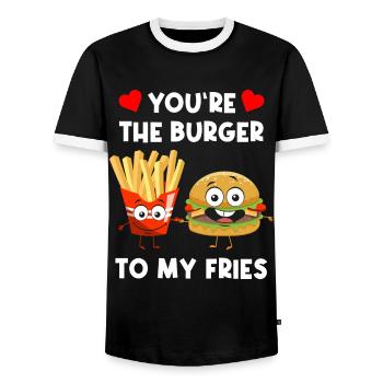 Burger Fries Love Heart Funny Humor Fast Food - Men's Ringer Shirt - black/white - Front - AI Model Female 172 light (172cm) & AI Model Male 178 light (178cm)