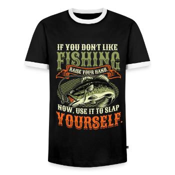 Drôle de pêche en disant Fischer - T-shirt contrasté Homme - noir/blanc - Devant - AI Model Female 172 light (172cm) & AI Model Male 178 light (178cm)
