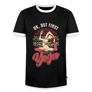 Ok, aber Yoga war zuerst, Lotus Namaste - Männer Kontrast-T-Shirt - Schwarz/Weiß - Vorne - AI Model Female 172 light (172cm) & AI Model Male 178 light (178cm)