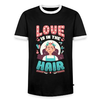 L’amour est dans les cheveux, barbier, coiffeur. - T-shirt contrasté Homme - noir/blanc - Devant - AI Model Female 172 light (172cm) & AI Model Male 178 light (178cm)
