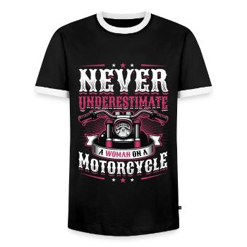 Unterschätzen Sie nie eine Frau auf einem Motorrad - Männer Kontrast-T-Shirt - Schwarz/Weiß - Vorne - AI Model Female 172 light (172cm) & AI Model Male 178 light (178cm)