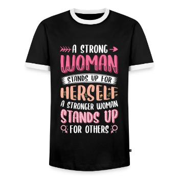 Strong women stand up. - Men's Ringer Shirt - black/white - Front - AI Model Female 172 light (172cm) & AI Model Male 178 light (178cm)