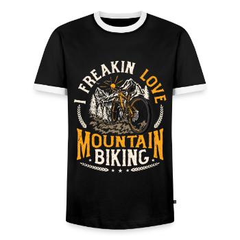 I FREAKIN LOVE Mountain Bike MTB - Men's Ringer Shirt - black/white - Front - AI Model Female 172 light (172cm) & AI Model Male 178 light (178cm)