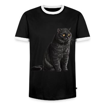Chat sédentaire noir britannique à poil court - T-shirt contrasté Homme - noir/blanc - Devant - AI Model Female 172 light (172cm) & AI Model Male 178 light (178cm)