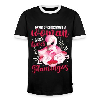 Ne sous-estimez jamais une femme qui aime les flamants roses - T-shirt contrasté Homme - noir/blanc - Devant - AI Model Female 172 light (172cm) & AI Model Male 178 light (178cm)
