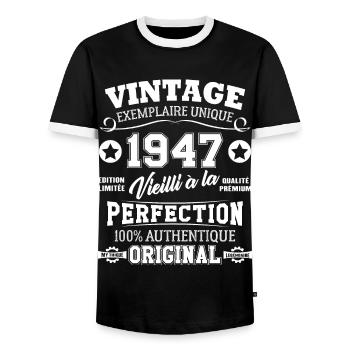 Cadeau D'anniversaire Vintage Fabriqué En 1947 - T-shirt contrasté Homme - noir/blanc - Devant - AI Model Female 172 light (172cm) & AI Model Male 178 light (178cm)