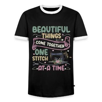 One stitch at a time, quilting, sewing. - Men's Ringer Shirt - black/white - Front - AI Model Female 172 light (172cm) & AI Model Male 178 light (178cm)