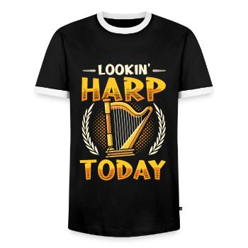Lookin' Harp Today, joueur de harpe. - T-shirt contrasté Homme - noir/blanc - Devant - AI Model Female 172 light (172cm) & AI Model Male 178 light (178cm)