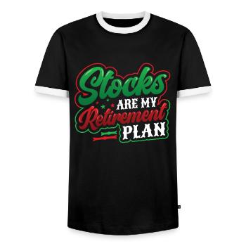 Stocks are my retirement plan - Men's Ringer Shirt - black/white - Front - AI Model Female 172 light (172cm) & AI Model Male 178 light (178cm)