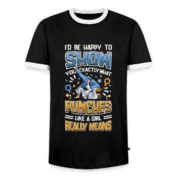 Show what "punches like a girl" means: - Men's Ringer Shirt - black/white - Front - AI Model Female 172 light (172cm) & AI Model Male 178 light (178cm)