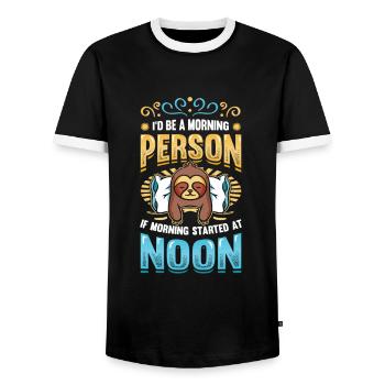 Spätaufsteher, Morgenmuffel, Eule, Langschläfer. - Männer Kontrast-T-Shirt - Schwarz/Weiß - Vorne - AI Model Female 172 light (172cm) & AI Model Male 178 light (178cm)