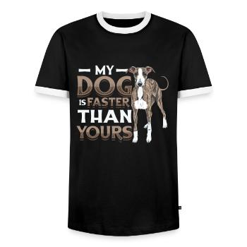 My dog is faster than your greyhound. - Men's Ringer Shirt - black/white - Front - AI Model Female 172 light (172cm) & AI Model Male 178 light (178cm)