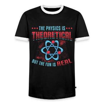Physics is theoretical, but the fun is real - Men's Ringer Shirt - black/white - Front - AI Model Female 172 light (172cm) & AI Model Male 178 light (178cm)