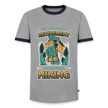 Ruhestandsplan, Wandern, Rentner, Wanderer. - Männer Kontrast-T-Shirt - Grau/Navy  - Vorne - AI Model Female 172 light (172cm) & AI Model Male 178 light (178cm)