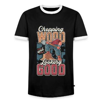 Chopping wood and looking good Woodworker - Men's Ringer Shirt - black/white - Front - AI Model Female 172 light (172cm) & AI Model Male 178 light (178cm)