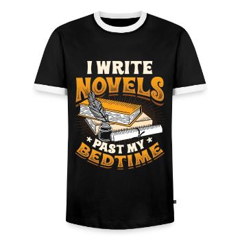 J’écris des romans quand je suis au lit Auteur - T-shirt contrasté Homme - noir/blanc - Devant - AI Model Female 172 light (172cm) & AI Model Male 178 light (178cm)