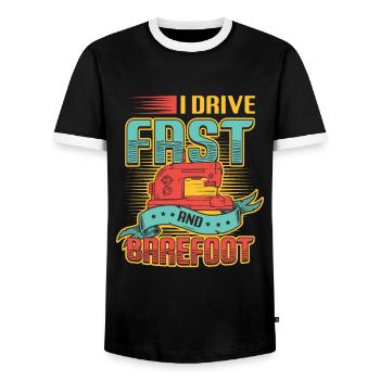 I drive fast and barefoot sewing machine Sewer - Men's Ringer Shirt - black/white - Front - AI Model Female 172 light (172cm) & AI Model Male 178 light (178cm)