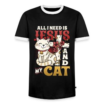 All I need is Jesus and my cat - Men's Ringer Shirt - black/white - Front - AI Model Female 172 light (172cm) & AI Model Male 178 light (178cm)