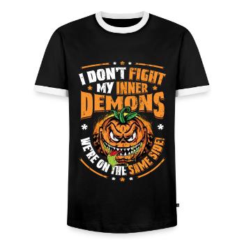 J’aime mes démons intérieurs, l’humour gothique. - T-shirt contrasté Homme - noir/blanc - Devant - AI Model Female 172 light (172cm) & AI Model Male 178 light (178cm)