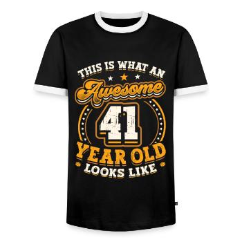 This is what a great 41-year-old looks like. - Men's Ringer Shirt - black/white - Front - AI Model Female 172 light (172cm) & AI Model Male 178 light (178cm)